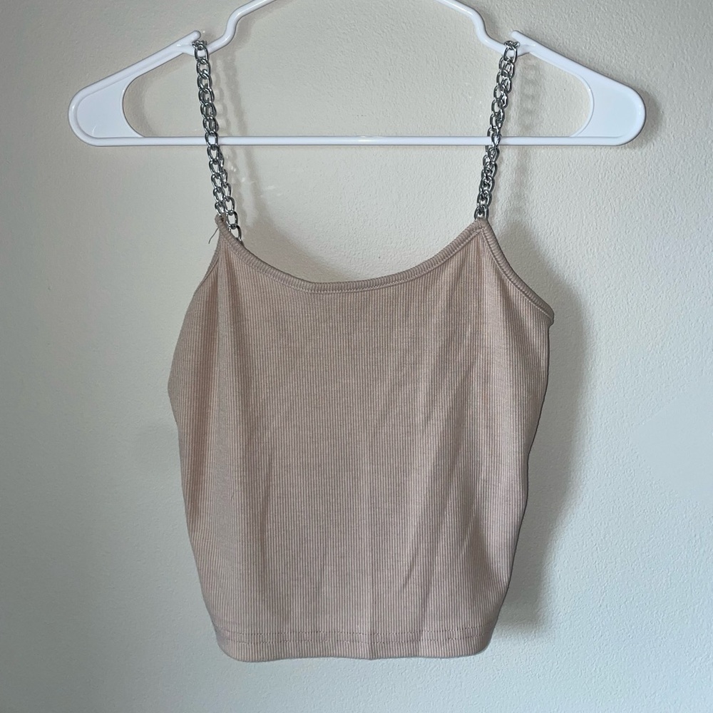 Tan Cropped Tank Top with Silver Chain Straps